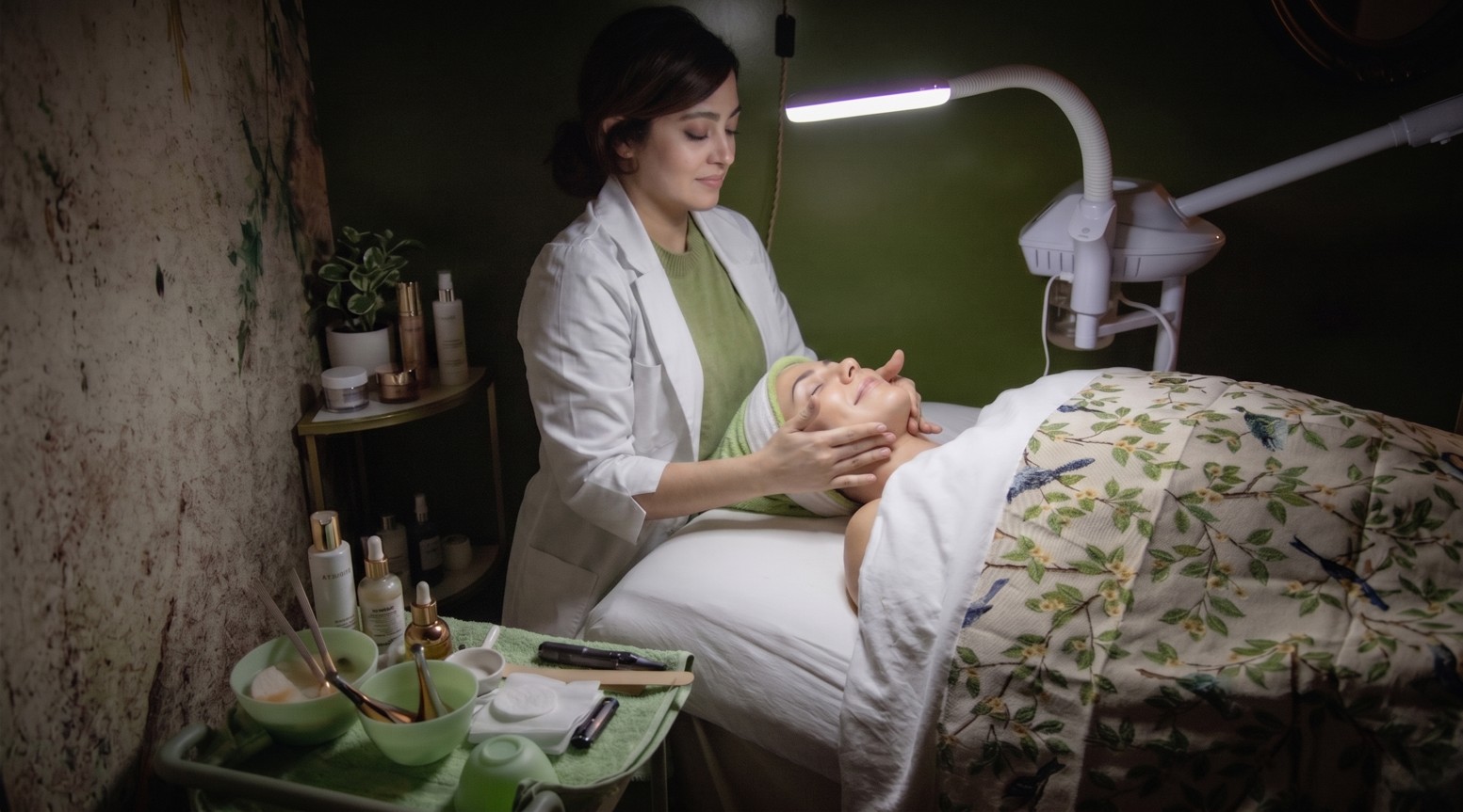Sara giving a facial in Suite 48, with soft lighting, green walls, and a botanical blanket